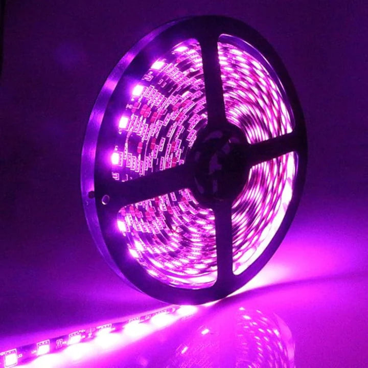 Banda LED violet rulata, lumina violet stralucitoare evidentiata pe fundal inchis