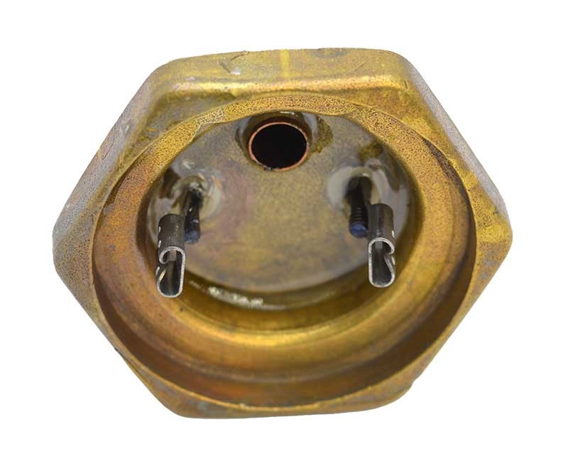 Rezistenta boiler cu filet - vedere frontala cap hexagonal alama cu borne electrice si orificiu central