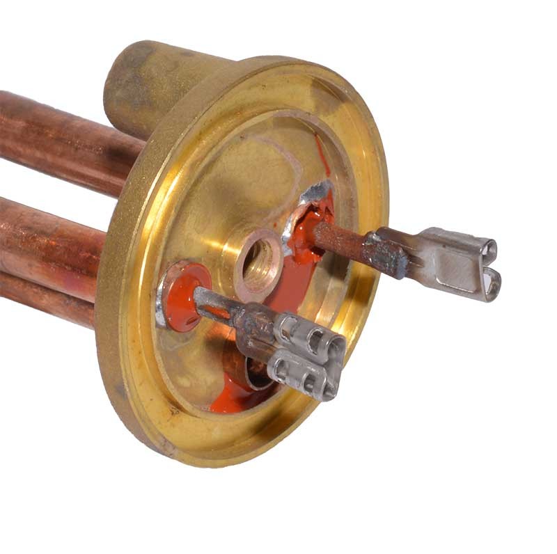 Rezistenta boiler cu flansa din alama, detaliu conexiuni electrice si papuci de contact