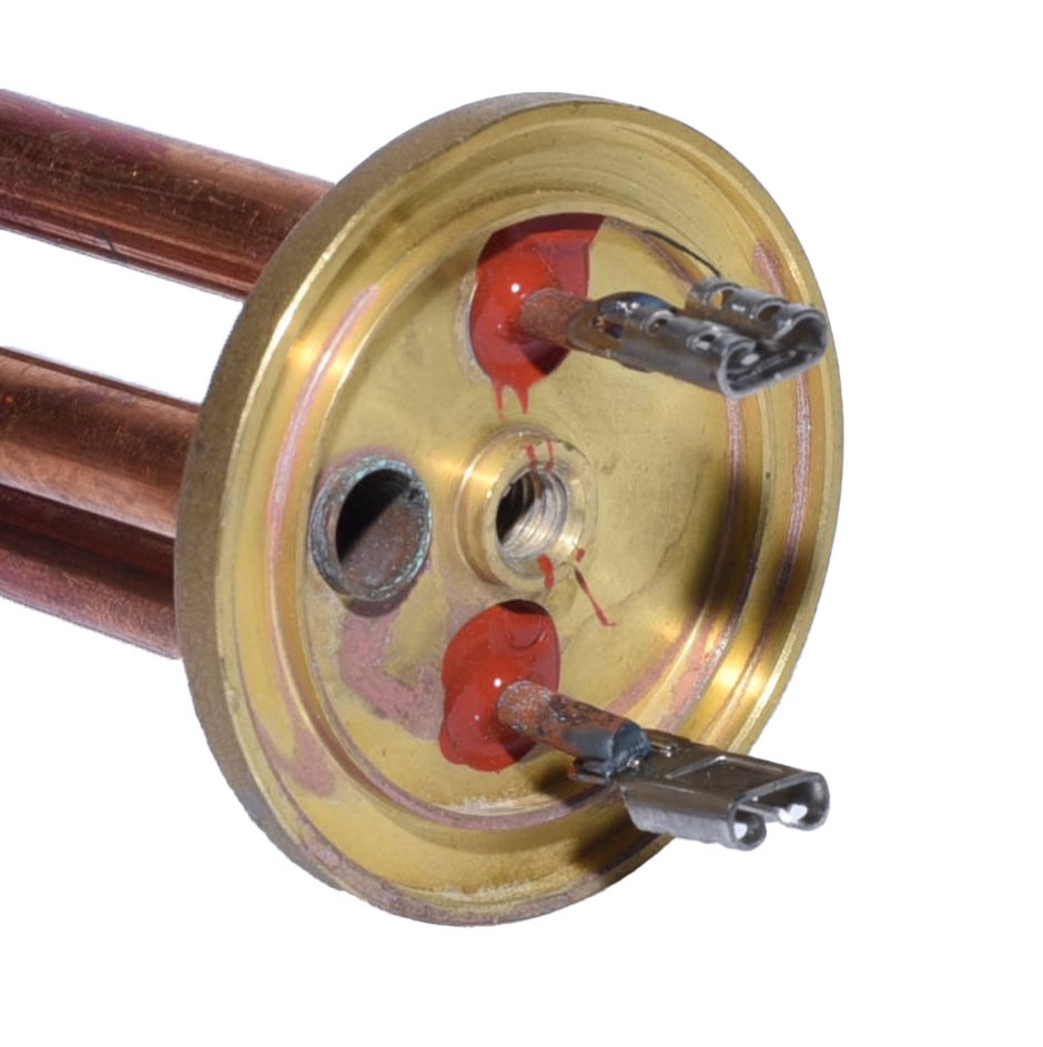 Rezistenta boiler cupru - detaliu close-up flansa alama, orificiu anod si conexiuni electrice