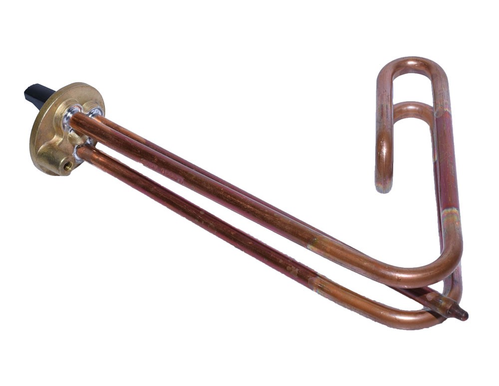 Rezistenta boiler electric cupru, vedere din stanga cu flansa alama si indoitura laterala