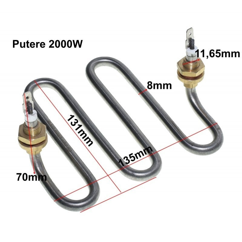 Rezistenta dublu W 2000W cu dimensiuni: latime 135mm, lungime 131mm, diametru tub 8mm