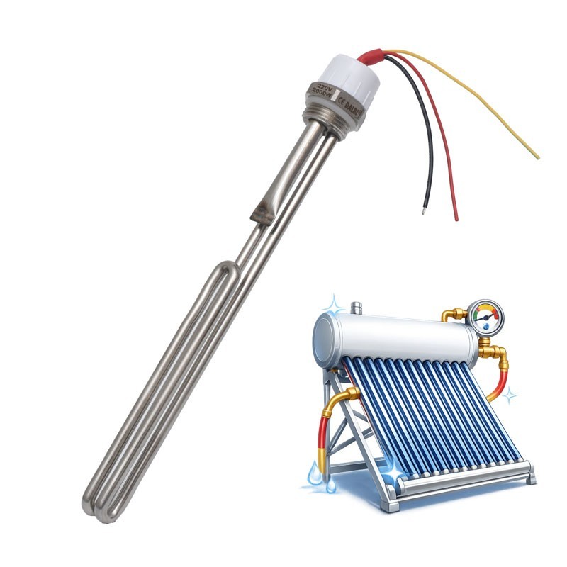 Rezistenta electrica 2000W 220V pentru sistem solar presurizat, prezentare cu boiler solar tuburi vidate