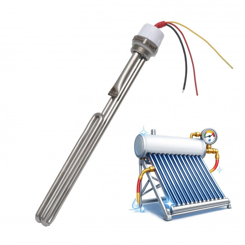 Rezistenta electrica inox 3000W pentru boiler solar presurizat, vedere laterala cu fire de conectare