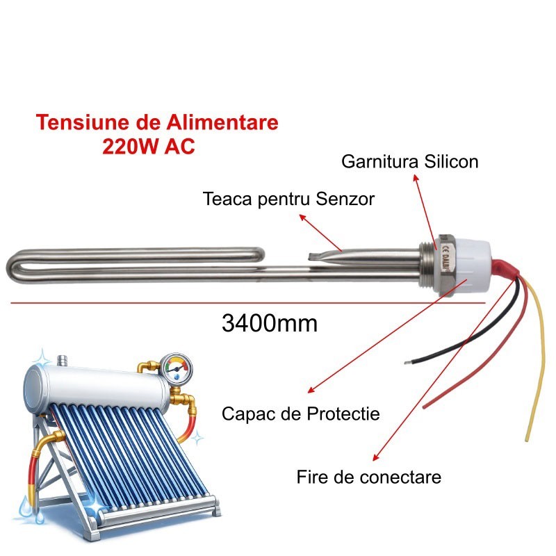Rezistenta imersie 3000W 220V cu teaca senzor, garnitura silicon si fire conectare colorate, lungime 340mm