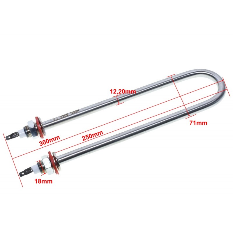 Rezistenta tip U cu dimensiuni marcate: lungime 300mm, element activ 250mm, diametru 12.2mm