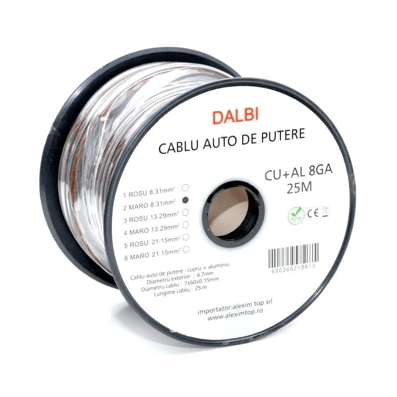 Cablu auto de putere CU+AL 8GA, 25m pe rola, diametru exterior 6.7mm, maro, pentru instalatii audio auto