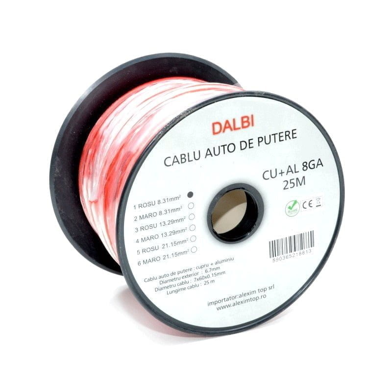 Cablu auto de putere rosu CU+AL 8GA, sectiune 8.31mm², 25m pe rola, miez cupru-aluminiu 420 fire