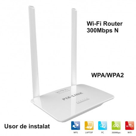 Router wireless 300Mbps cu 2 antene, compatibil WPS, WPA/WPA2, design compact alb