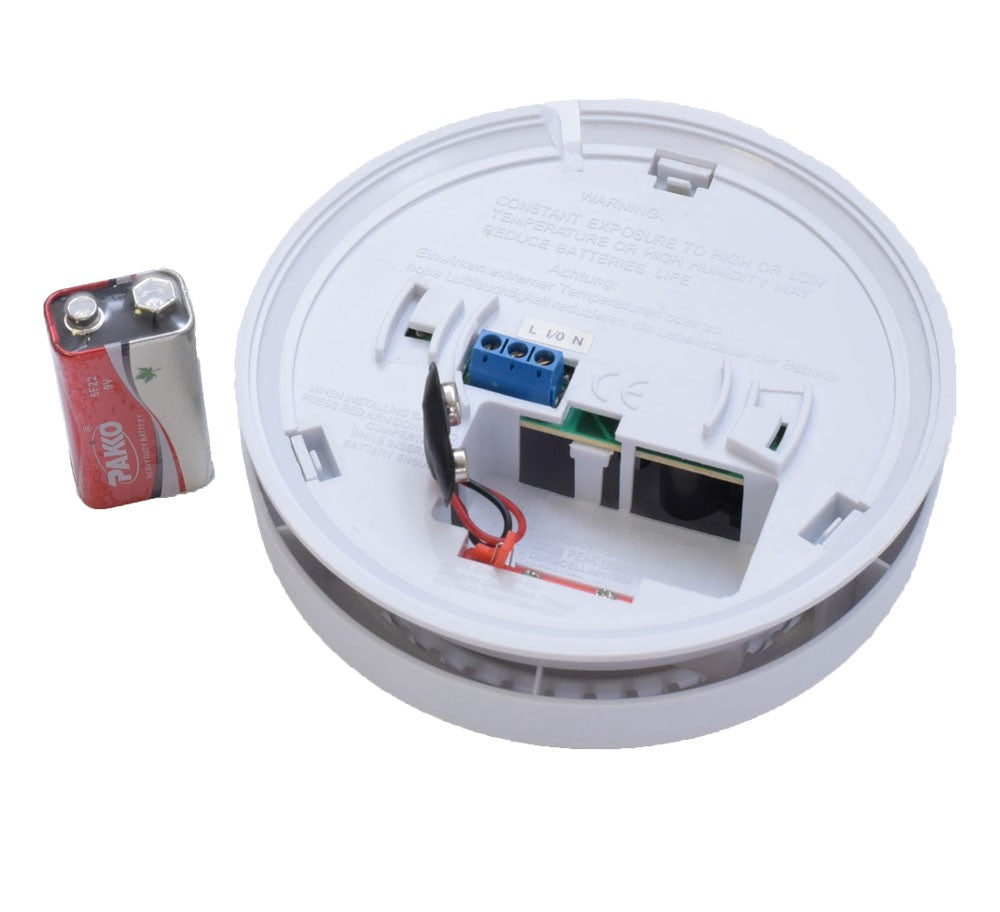 Detector de fum deschis cu placa electronica, borne AC220V si baterie 9V de rezerva