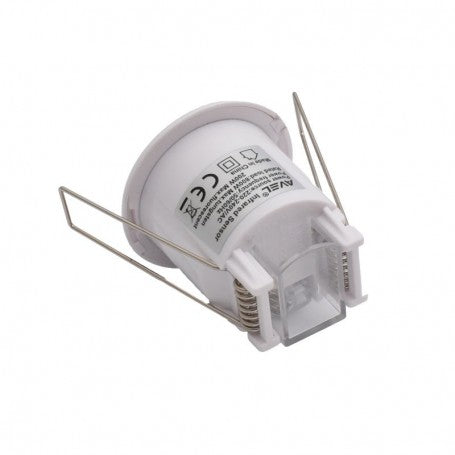 Senzor PIR 360 grade incastrabil, detaliu lateral cu sistem de prindere si corp compact alb