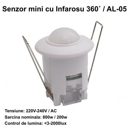Senzor de miscare infrarosu 360 grade mini incastrabil, 220-240V, sarcina max 800W, control lumina 3-2000 lux