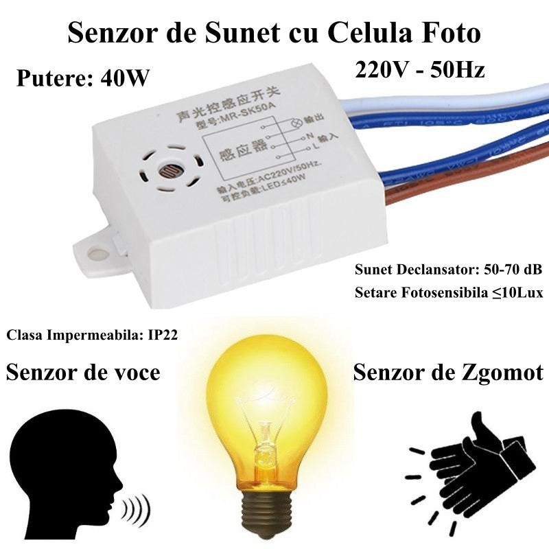 Senzor sunet cu celula foto 40W 220V IP22, activare la voce sau zgomot, functionare doar pe intuneric