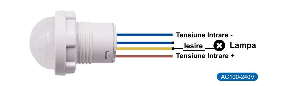 Senzor PIR schema cablare 4 fire pentru conectare lampa la AC100-240V