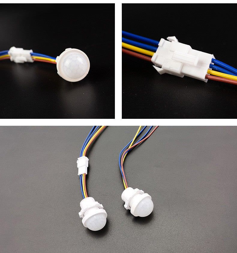 Senzor PIR detalii constructive cap infrarosu si conector rapid cu fire colorate