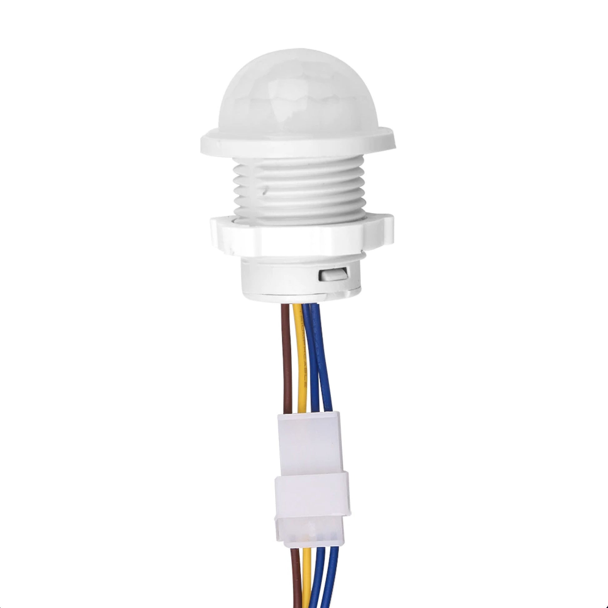 Senzor PIR alb cu filet de fixare si conector rapid, vedere laterala pe fond alb