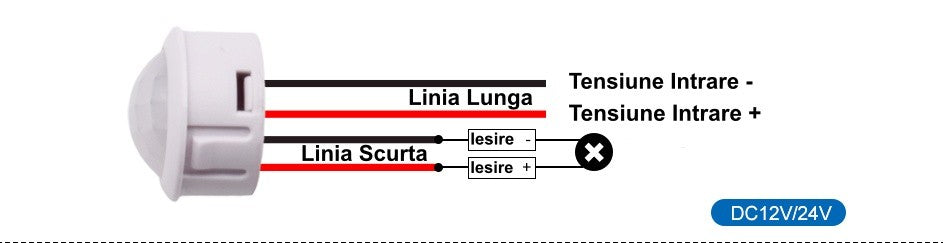 Diagrama conectare senzor PIR 12V/24V DC cu fire lungi pentru alimentare si fire scurte pentru iesire