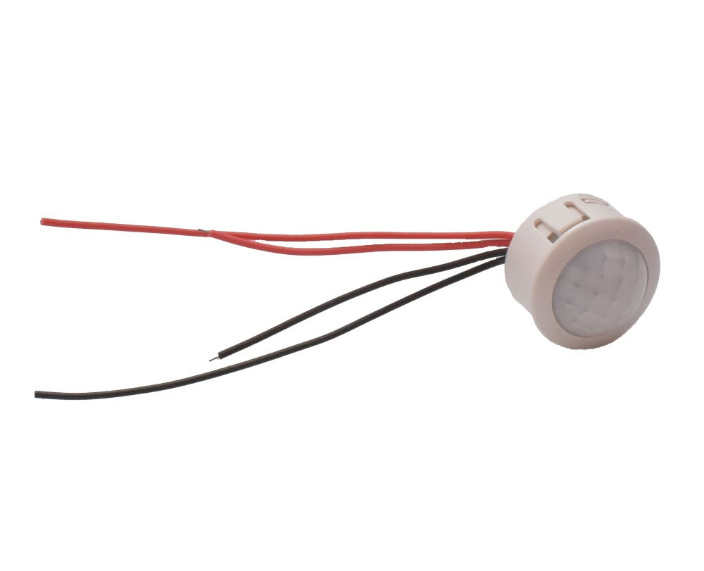 Senzor PIR 25x20mm vedere laterala cu fire de conexiune pentru instalare in corpuri de iluminat LED DC