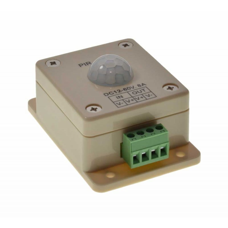 Senzor PIR DC 12V-60V 8A cu unghi detectie 140 grade, borne surub, pentru iluminat LED
