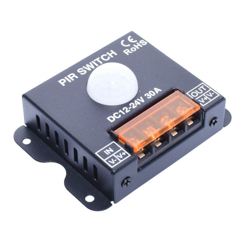 Senzor PIR comutator miscare DC 12-24V 30A, carcasa metalica neagra, terminal cu capac portocaliu