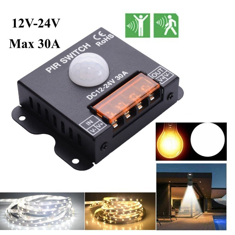 Senzor PIR 12-24V 30A compatibil cu benzi LED si spoturi, detectie miscare automata