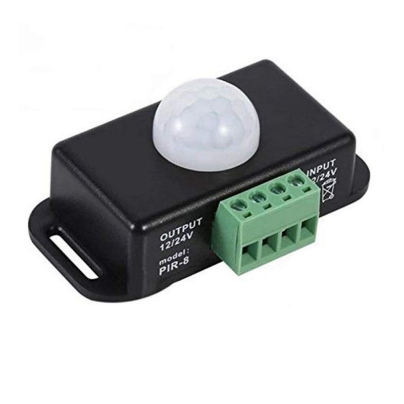 Senzor PIR de miscare 12V-24V 6A, carcasa neagra compacta cu borne verzi de conectare
