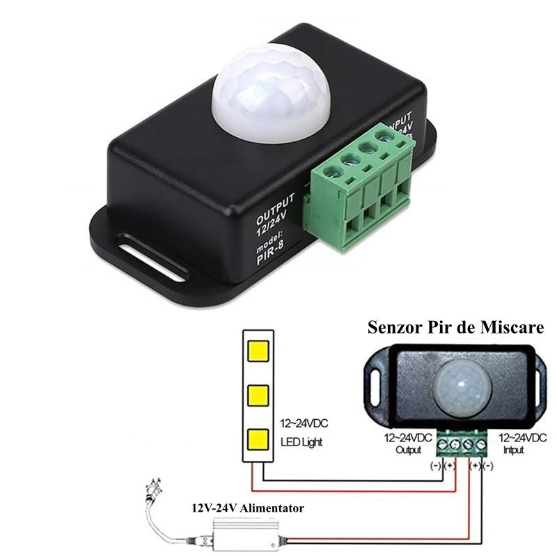 Senzor PIR 12-24V cu diagrama de instalare pentru banda LED si alimentator