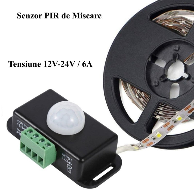 Senzor PIR de miscare 12V-24V 6A alaturat de rola banda LED