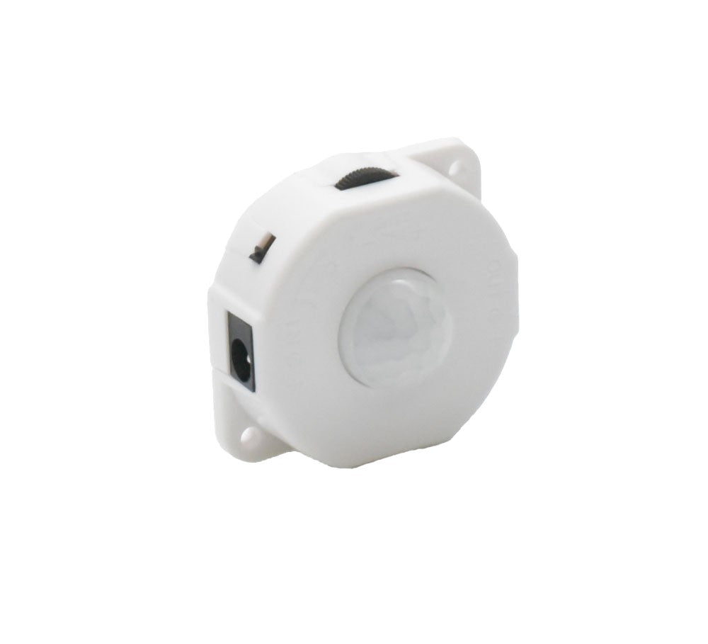 Senzor PIR de miscare 5-24V, vedere laterala cu reglaje timp si sensibilitate, mufa DC 2.1mm integrata