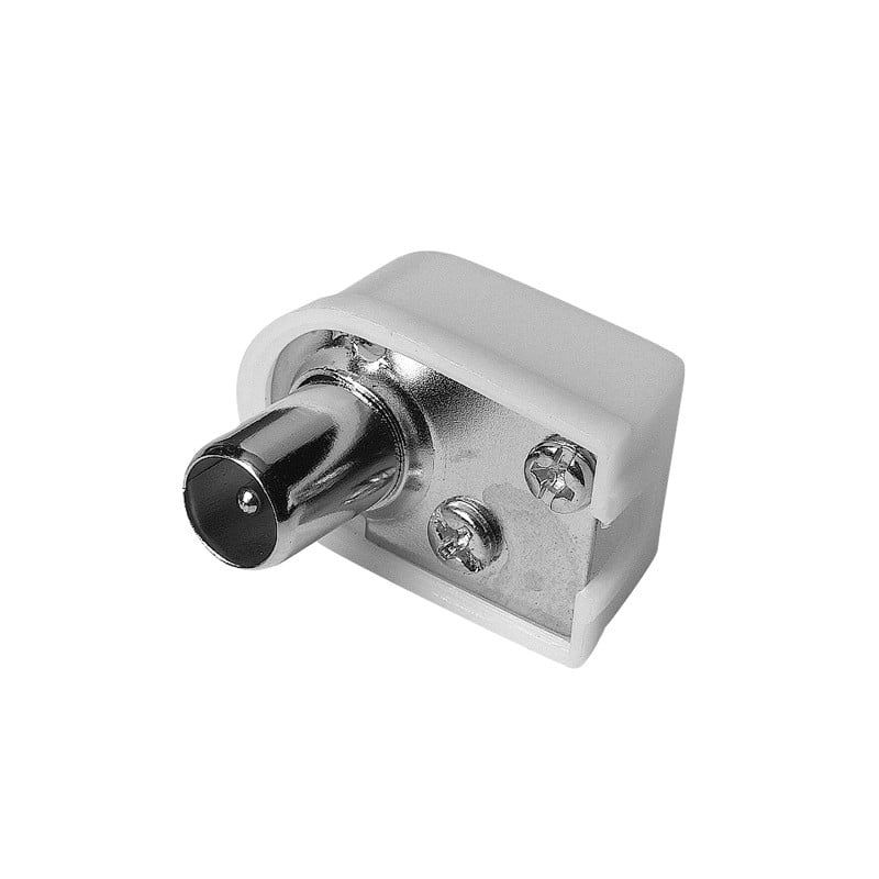 Mufa TV tata cot de plastic, conector coaxial IEC 9,5 mm, unghi drept, fixare prin suruburi, corp alb