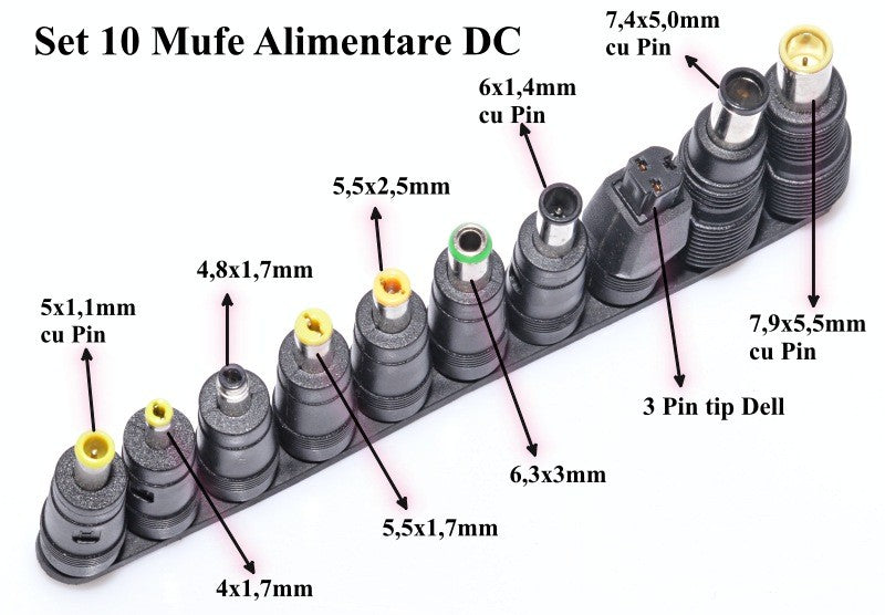Set adaptoare DC cu specificatii vizibile: 4x1,7mm, 5x1,1mm cu pin, 7,9x5,5mm cu pin, suport inclus