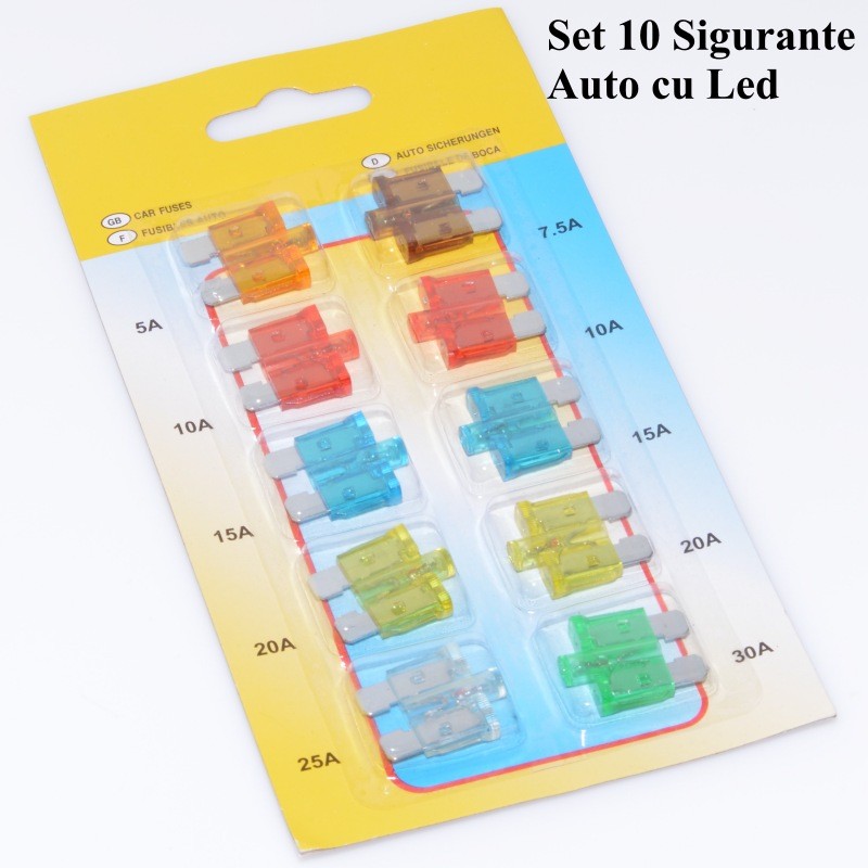 Set sigurante auto lama cu indicator LED de avarie, 10 bucati, ambalaj blister complet
