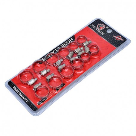 Coliere inox pentru furtun vazute frontal pe blister rosu, 12 bucati organizate pe dimensiuni