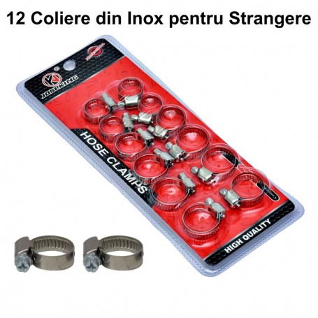 Set 12 coliere inox cu strangere surub pentru furtun, 4 dimensiuni diferite, rezistente la coroziune