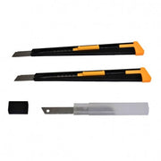 Set 2 cuttere mini metalice cu lama ingusta 9mm si rezerva lame inclusa, mecanism blocare, design compact ergonomic
