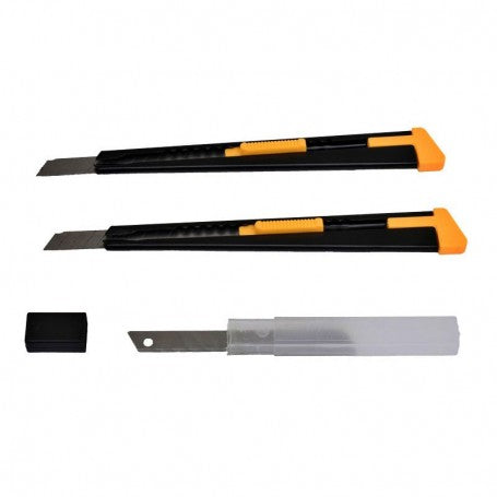 Set 2 cuttere mini metalice cu lama ingusta 9mm si rezerva lame inclusa, mecanism blocare, design compact ergonomic