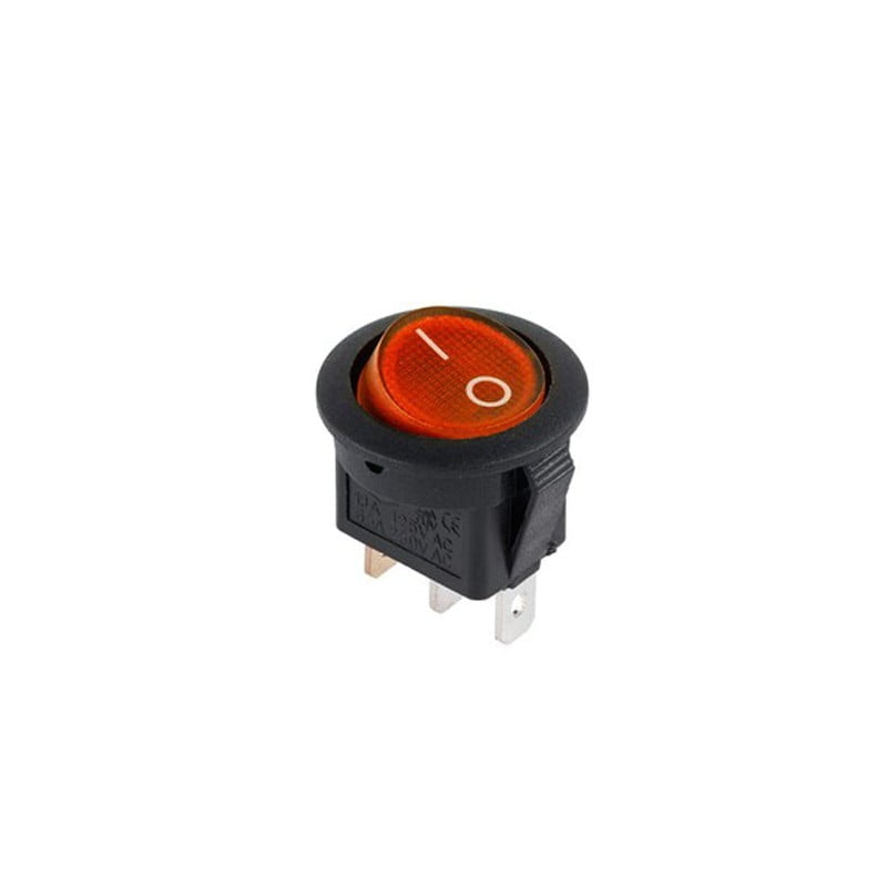 Intrerupator buton rotund ON-OFF cu LED portocaliu, 220V, 6A, montaj panou 20mm, corp negru cu 3 contacte