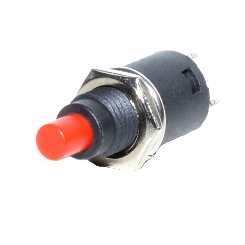 Buton push mini reset 7/9x28mm cu buton rosu, corp negru si inel metalic filetat, 125V-250V AC