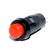 Buton push rosu cu retinere 12x32mm, 220V AC, corp negru din plastic, montaj panou