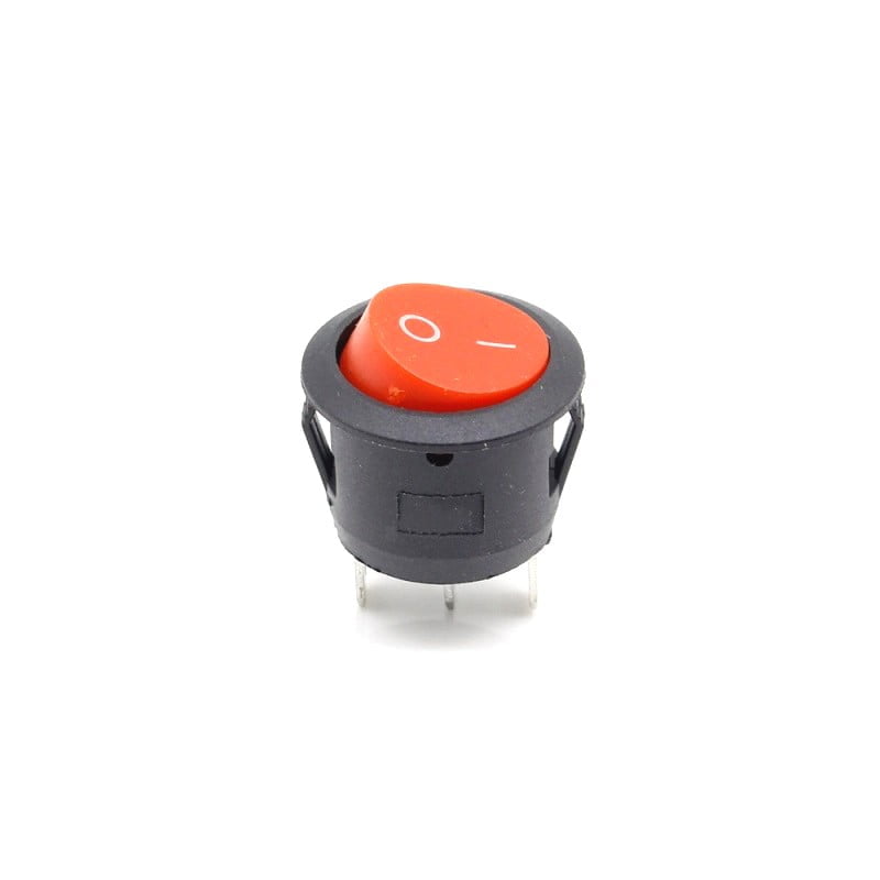 Intrerupator buton rotund ON-OFF rosu, 6A 220V, montaj panou, corp negru cu terminale metalice