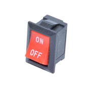Intrerupator basculant ON/OFF 250V 6A, buton rosu, carcasa neagra ignifuga, montaj panou 21x15mm