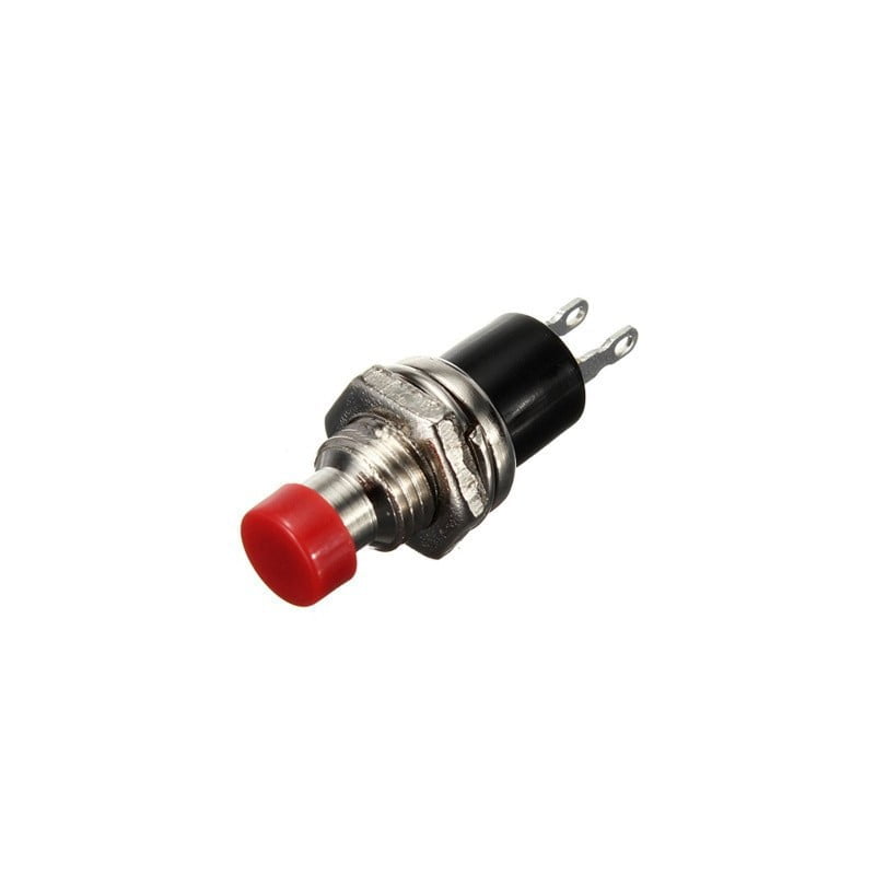 Intrerupator push button mini rosu fara retinere, corp metalic, 220V/3A, montaj panou