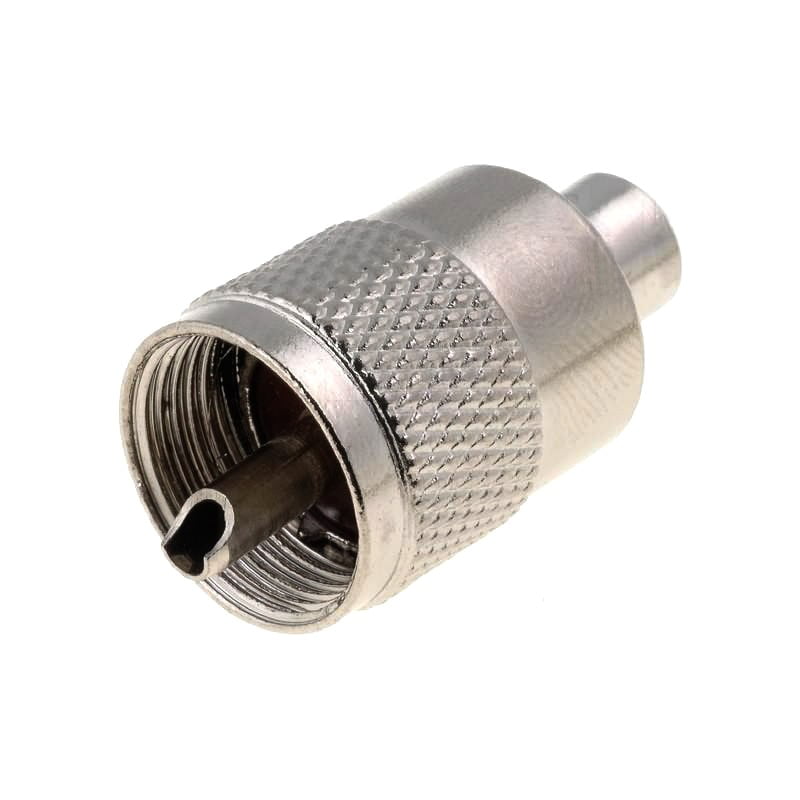 Mufa dreapta UHF tata pentru cablu coaxial RG58, corp metalic nichelat cu suprafata knurled, compatibila statii CB
