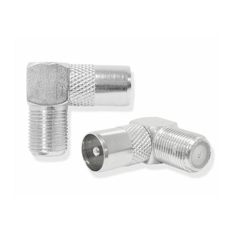 Set doua adaptoare coaxiale IEC tata - F mama cot 90°, corp metalic, vedere comparativa unghi si pozitii