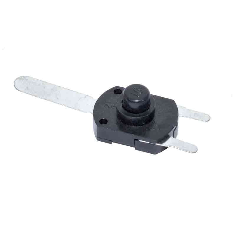 Buton push micro 40x10x10mm cu contacte metalice plate, carcasa neagra din plastic, pentru lanterne si circuite mici
