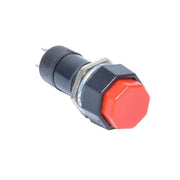 Buton push octagonal cu retinere 12x37mm, 250V AC 3A, cap rosu octagonal, montaj panou