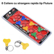 Set 8 coliere inox tip fluture pentru furtun, strangere rapida fara unelte, 4 diametre 16-25mm