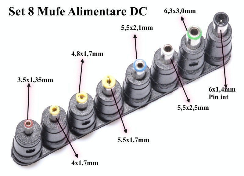 Set 8 adaptoare DC cu dimensiuni marcate: 3.5x1.35mm pana la 6.3x3mm, identificare vizuala