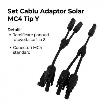 Set cabluri adaptor solar tip Y cu conectori MC4, 1000V DC, compatibil 4-6 mm², ramificare 1 la 2 panouri fotovoltaice