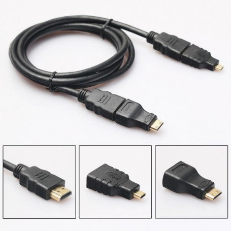 Cablu HDMI cu detaliu adaptoare Mini si Micro HDMI cu contacte placate cu aur
